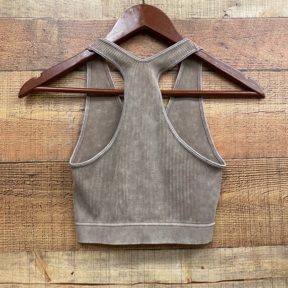 Stone Washed Mocha Seamless Ribbed Racerback Crop - Picture 2 of 2